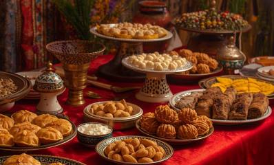 שולחן עם מפה אדומה ועלייו מגשי ממתקים ועוגיות של מימונה, הדמיית בינה מלאכותית: שרון אונליין