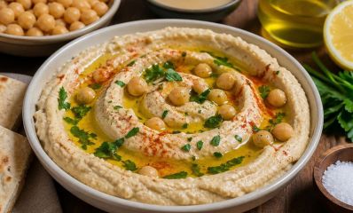 שולחן עם צלחת חומוס ומסביב קערות עם גרגיריחומוס, פטוריזליה ושמן זית. צילום: חלי ממן