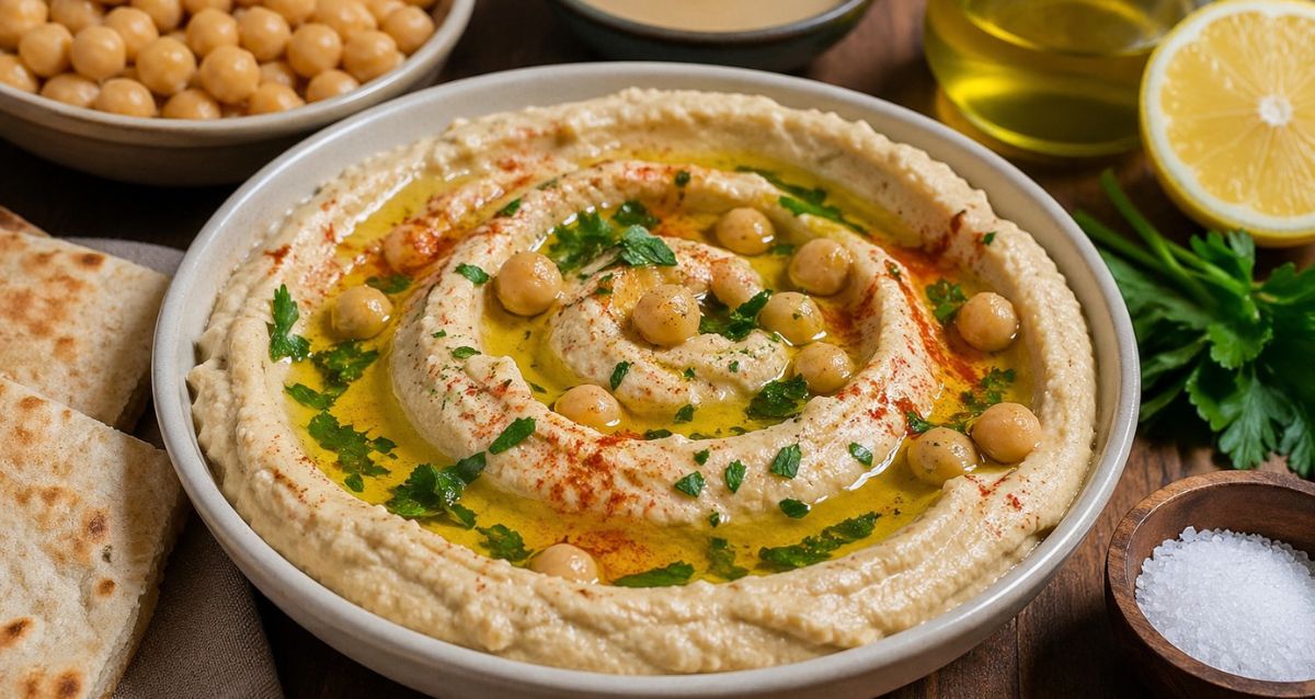 שולחן עם צלחת חומוס ומסביב קערות עם גרגיריחומוס, פטוריזליה ושמן זית. צילום: חלי ממן