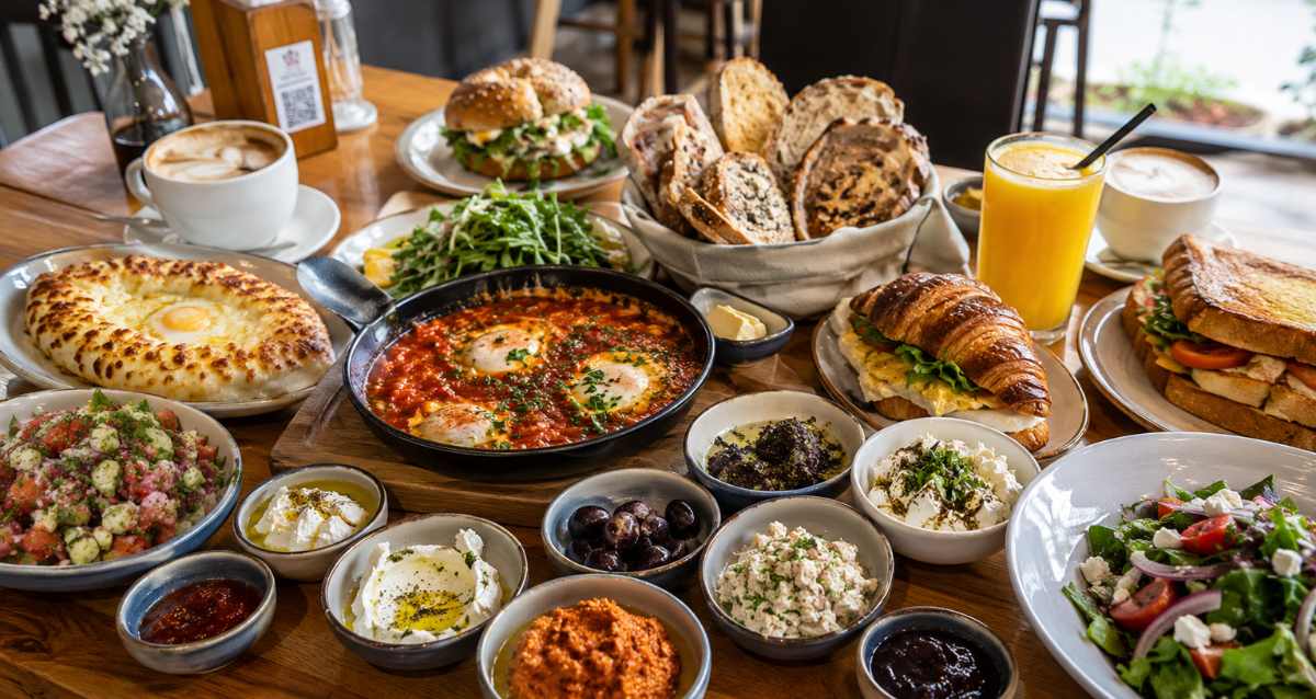 שולחן עץ עם מנות של ארוחת בוקר - שקשוקה, ביצים,מטבלים לחם ומיץ תפוזים, הדמיית בינה מלאכותית: שרון אונליין