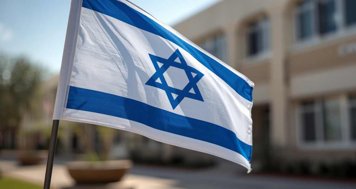 דגל ישראל על רקע מבנה ציבורי, הדמיית בינה מלאכותית: שרון אונליין