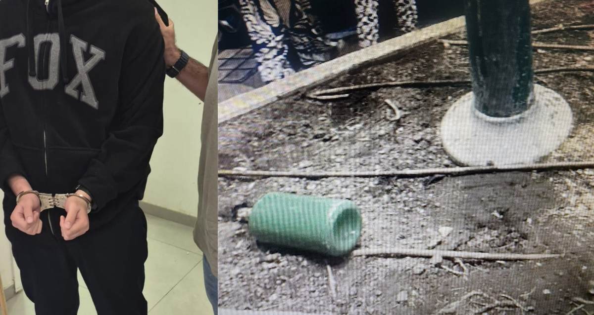 בלון גז שהושלך וחשוד עצור באזיקים, צילום: משטרה