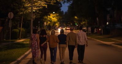 קבוצת הורים הולכת ביחד ברחוב בלילה, הדמיית בינה מלאכותית: שרון אונליין