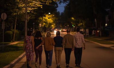 קבוצת הורים הולכת ביחד ברחוב בלילה, הדמיית בינה מלאכותית: שרון אונליין