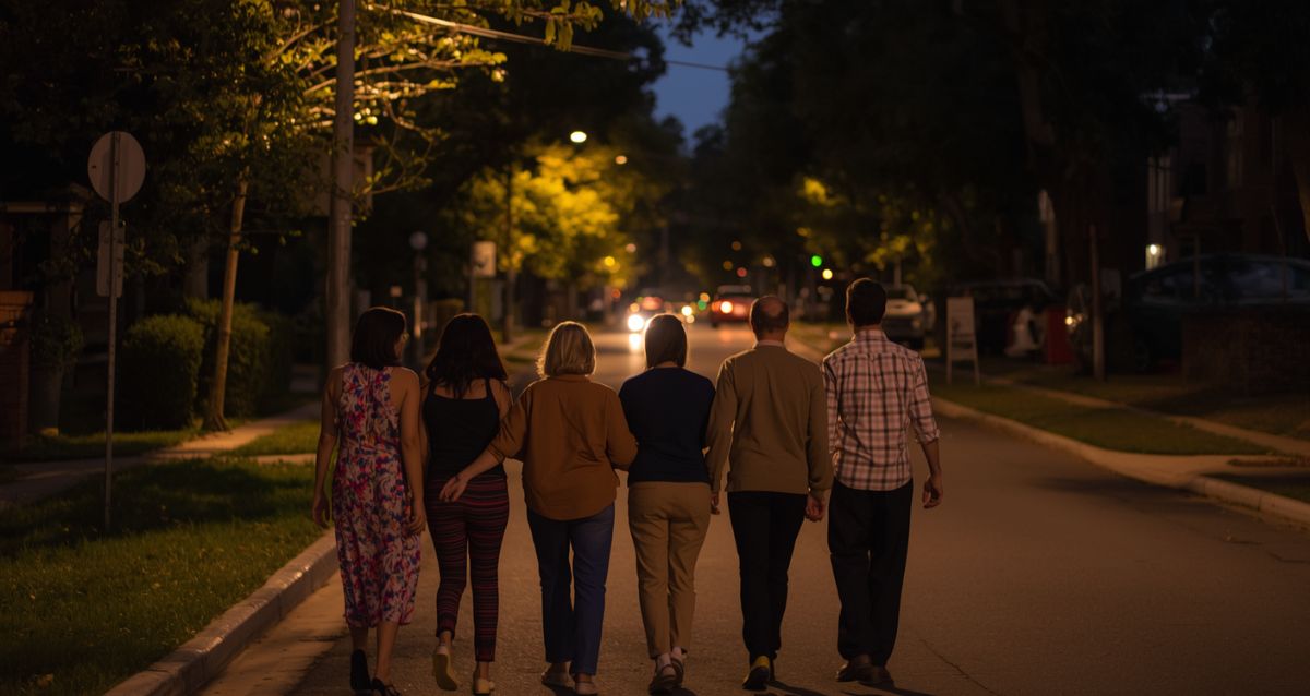 קבוצת הורים הולכת ביחד ברחוב בלילה, הדמיית בינה מלאכותית: שרון אונליין