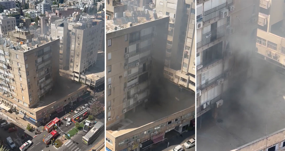 קולאז של 3 תמונות. שריפה בבניין מגורים. כבאיות ואמבולנסים