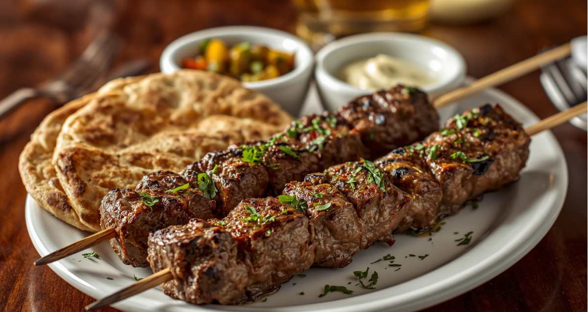 צלחת עם שני שיפודי קבב פיתה וסלט, הדמיית בינה מלאכותית: שרון אונליין