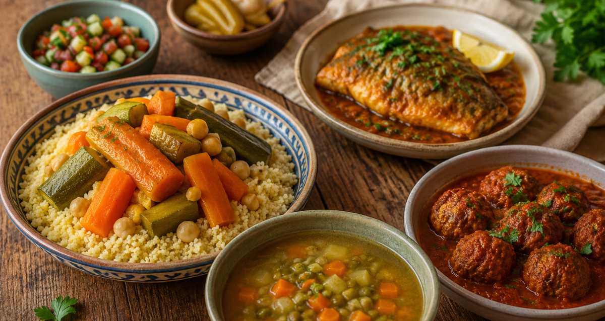 תבשילים של אוכל ביתי - קוסקוס, דג, קציצות ומרק ירקות. הדמיית בינה מלאכותית: שרון אונליין