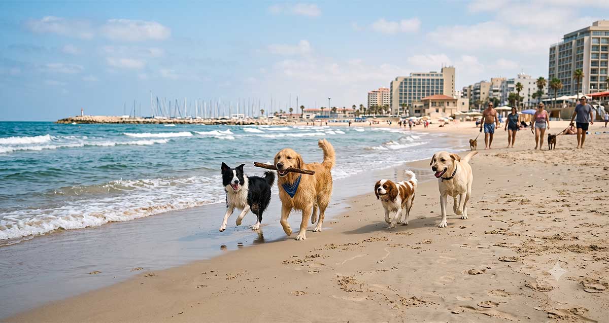 הדמיית ai של כלבים מתרוצצים בחוף הים