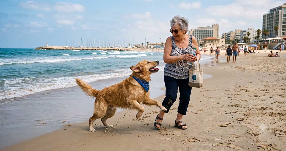 כלב משתובב על החוף ופוגע באישה מבוגרת