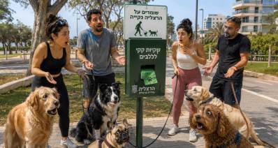 בעלי כלבים וכלביהם ליד ימתקן שקיות צואה לכלבים. איור Ai