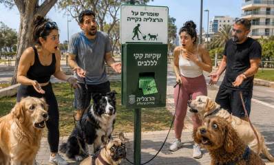 בעלי כלבים וכלביהם ליד ימתקן שקיות צואה לכלבים. איור Ai