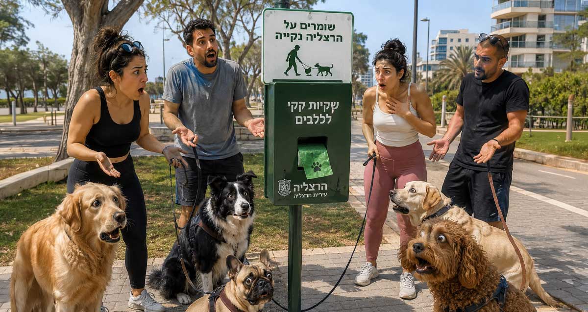 בעלי כלבים וכלביהם ליד ימתקן שקיות צואה לכלבים. איור Ai