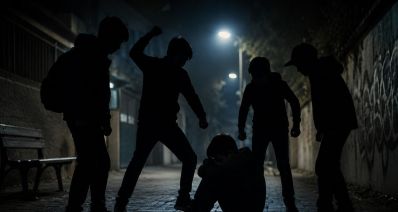 צלליות של בני נוער מרימים ידיים על נער נוסף שיושב על הרצפה, הדמיית בינה מלאכותית: שרון אונליין