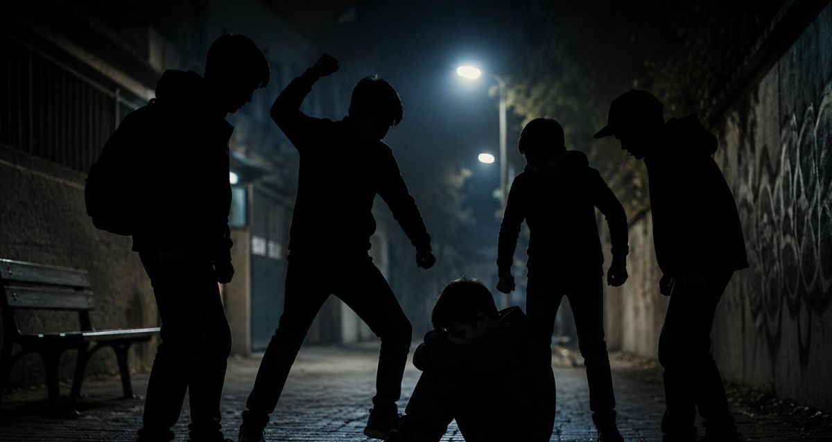 צלליות של בני נוער מרימים ידיים על נער נוסף שיושב על הרצפה, הדמיית בינה מלאכותית: שרון אונליין
