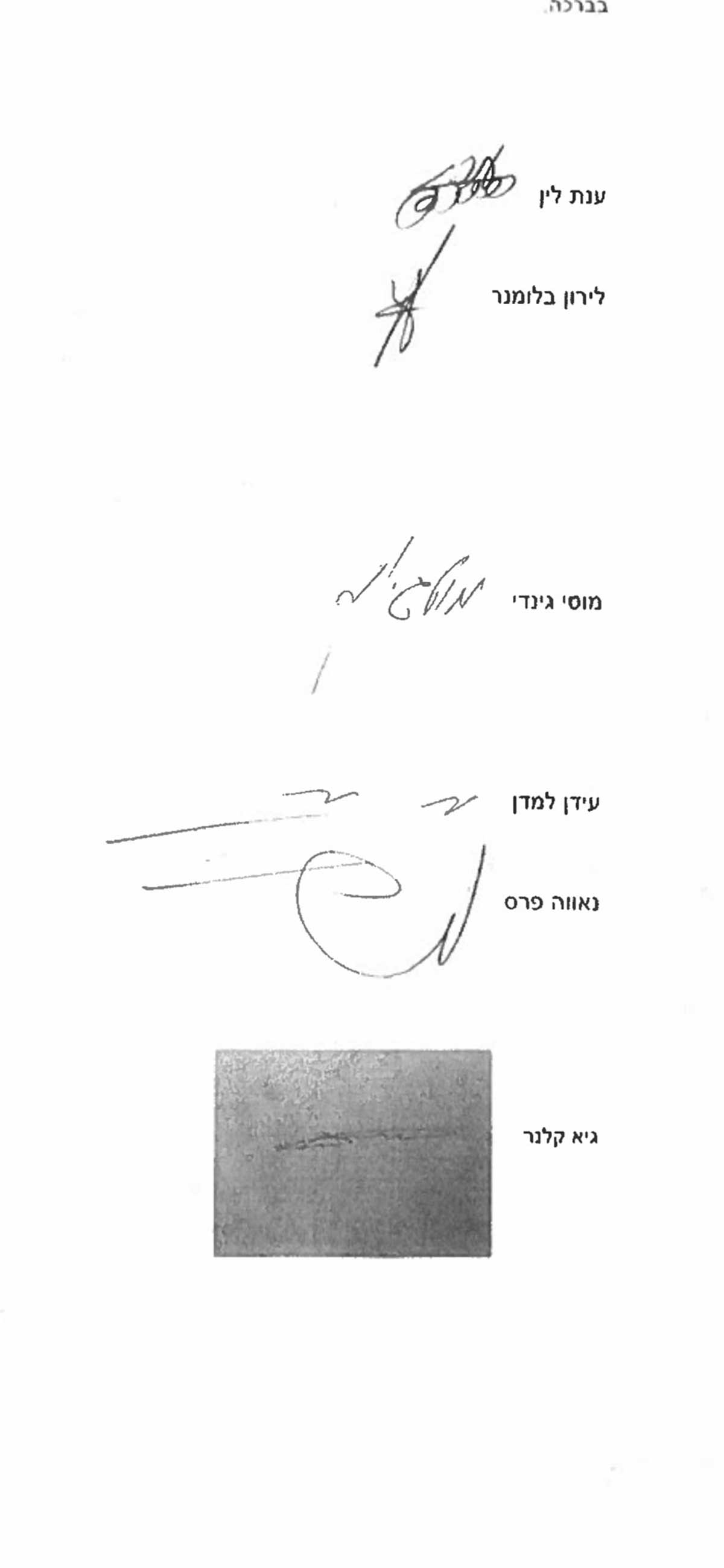 חתימות חברי הקואליציה העירונית על פשרת שתי שורות למצבות שוכבות בחלקת הקבורה האזרחית
