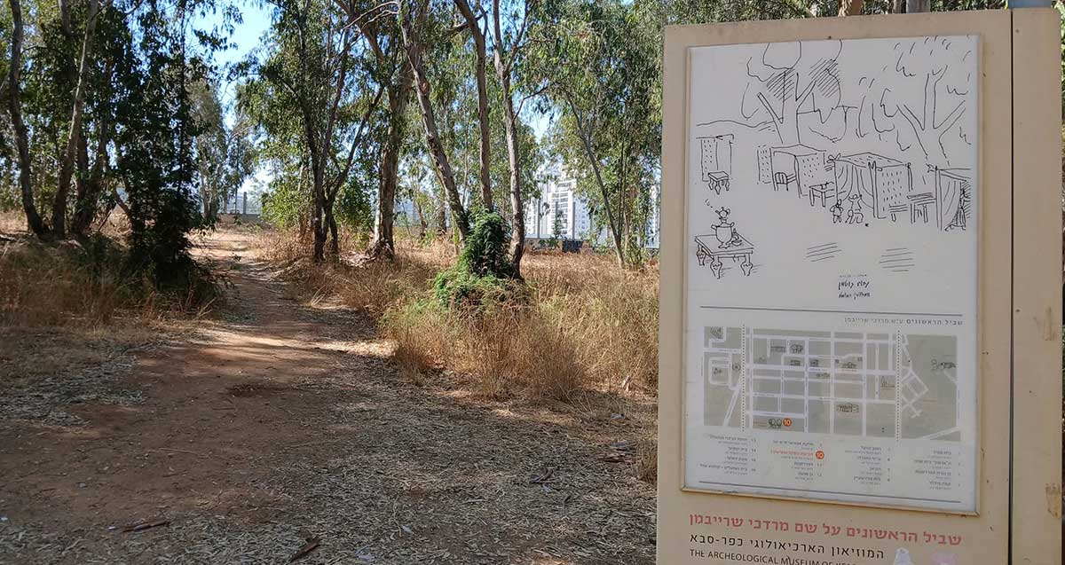 חורשת אוסישקין בכפר סבא. בצד ימין שלט עם ציורים.