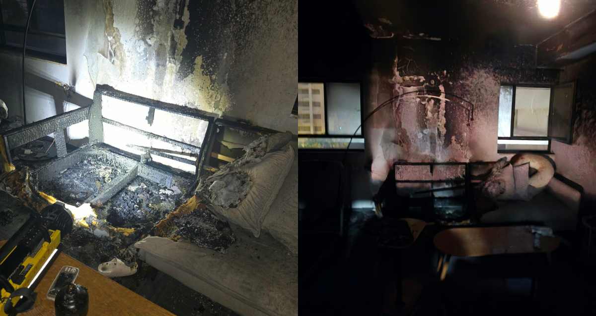סלון וספה שרופים בדירה ברחוב הרב קוק בהרצליה, צילום: כבאות והצלה