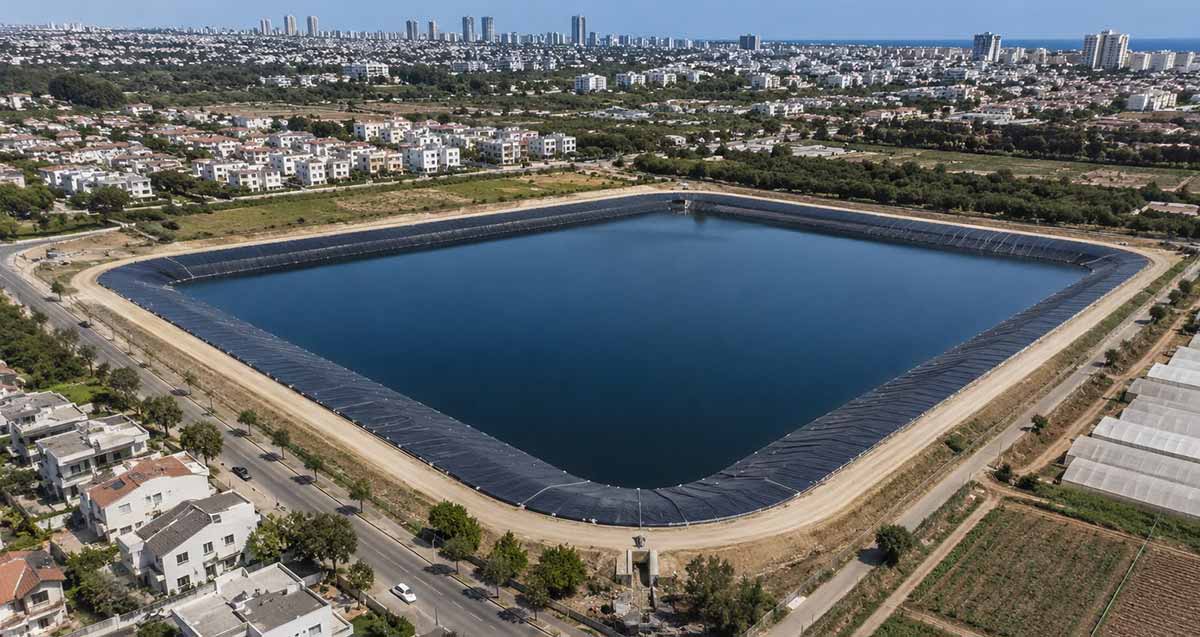 מאגר השהיית מי נגר באיזור רמת השרון והרצליה. ליד שכונות מגורים. הדמייית Ai