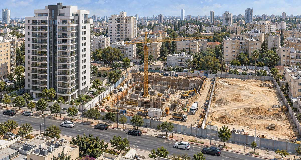 אתר בנייה באזור אורבני. איור AI. שני מתחמים, אחד בשלבי בנייה והשני משטח חול.