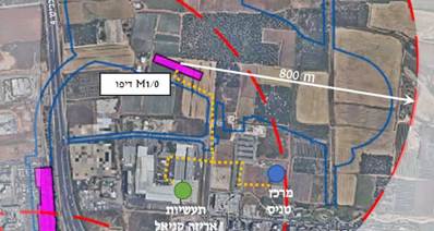 מיקום מרכז הלוגיסטיקה "הדיפו" בקו המטרו העתידי M1 מצפון לשכונה הירוקה ומפעל קניאל בכפר סבא