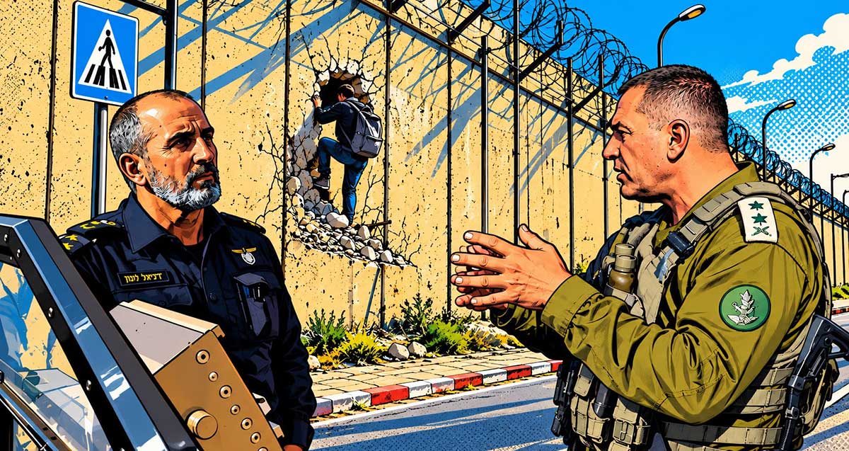 הרמטכ"ל אייל זמיר עם המפכ"ל דני לוי. איור AI. עומדים ליד מכשיר, ברקע חומה ואדם עובר בחור בחומה.