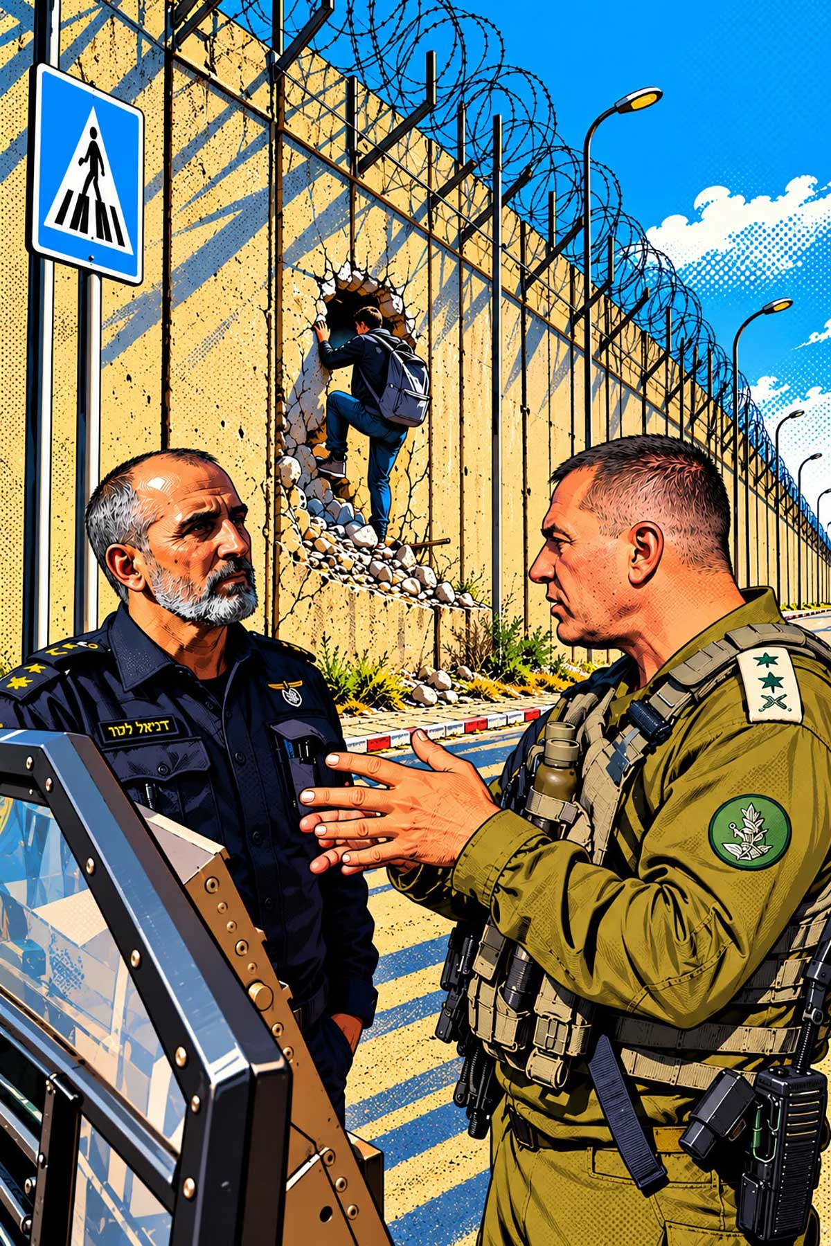 הרמטכ"ל אייל זמיר עם המפכ"ל דני לוי. איור AI. עומדים ליד מכשיר, ברקע חומה ואדם עובר בחור בחומה.