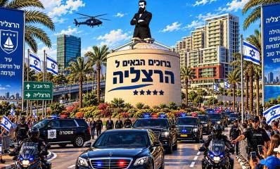 ראש הממשלה. ראשון מהרצליה. איור AI. שיירת רכבים שחורים ומשטרה על רקע בריכת המים שעליה פסל של הרצל. על הבריכה הכיתוב: ברוכים הבאים ל הרצליה.