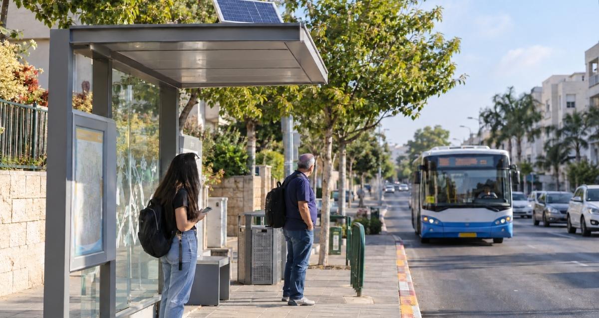 2 אנשים עומדים בתחנת אוטובוס, הדמיית AI: שרון אונליין
