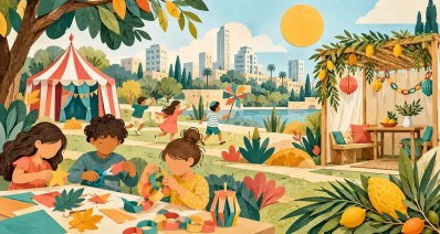 איור ילדים יוצרים ומשחקים לצד סוכה ואוהל קרקס