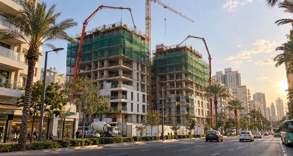 איור AI של שני בניינים בבנייה. קרדיט שרון אונליין
