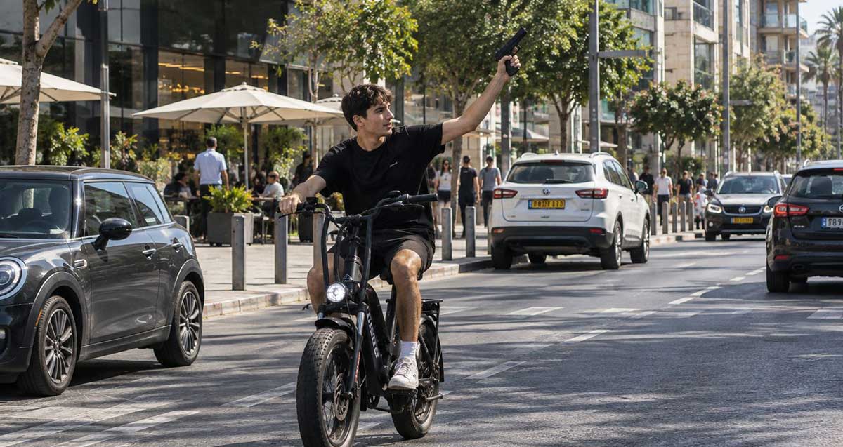 צעיר עם אקדח רוכב על אופניים חשמליים. איור AI. הצעיר רוכב בכביש ואוחז את האופניים ביד אחת והיד השנייה כלפי מעלה והצידה עם אקדח.