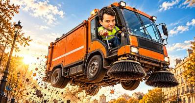 אמיר כוכבי מושך סטיק וממריא לעיסוק בנושאים לאומיים. איור AI. אמיר ממריא ברכב לניקוי כבישים.