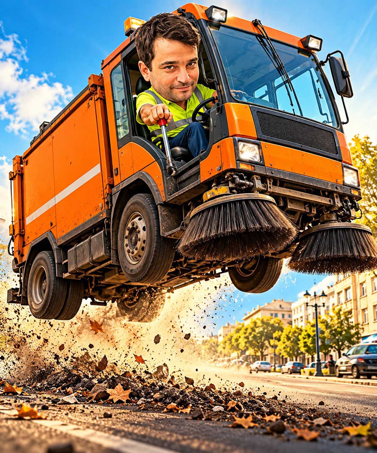 אמיר כוכבי מושך סטיק וממריא לעיסוק בנושאים לאומיים. איור AI. אמיר ממריא ברכב לניקוי כבישים.