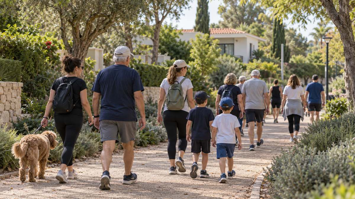 אילוסטרציה של משפחות צועדות בשביל מוצל