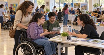 איור של צעירים ובני משפחה בשיחה עם יועצת ביריד תעסוקה ופנאי לאנשים עם מוגבלות