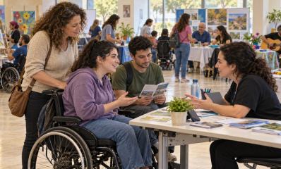 איור של צעירים ובני משפחה בשיחה עם יועצת ביריד תעסוקה ופנאי לאנשים עם מוגבלות