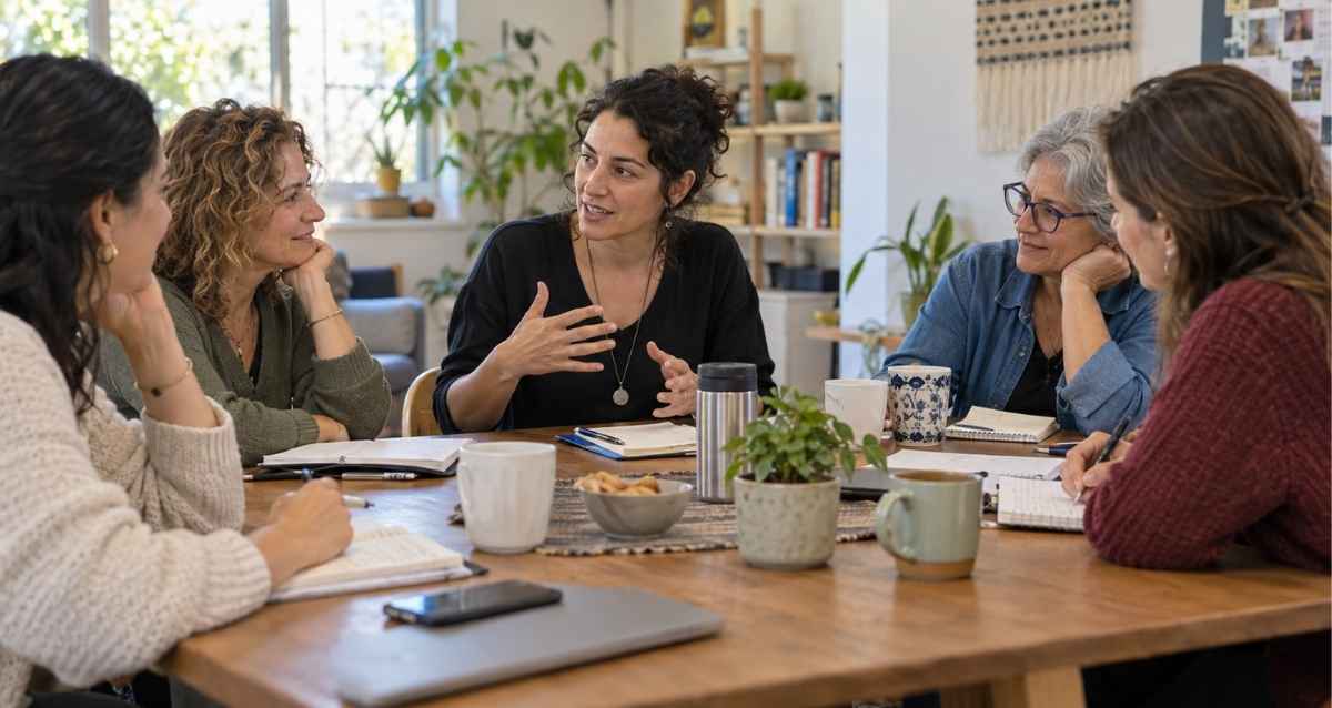נשים יושבות לדיון מסביב לשולחן, הדמיית AI: שרון אונליין