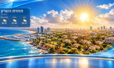 שקף תחזית לשרון עם טמפרטורות היום, בשלישי ובסוף השבוע