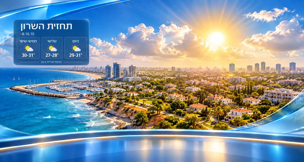 שקף תחזית לשרון עם טמפרטורות היום, בשלישי ובסוף השבוע