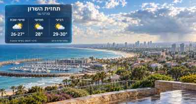 הדמיית נוף השרון ושקף תחזית ל-14-17 באוקטובר עם טמפרטורות וסיכוי לגשם