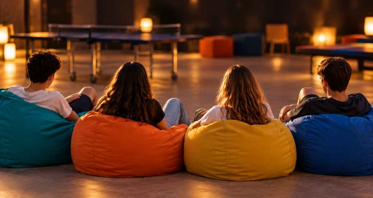 בני נוער יושבים על פופים במתחם עם שולחנות ספורט, הדמיית AI: שרון אונליין